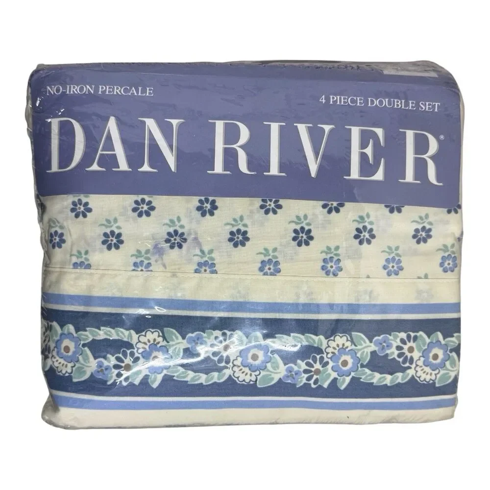 Vtg Dan River Full Double Set Sheets Englewood Blue White